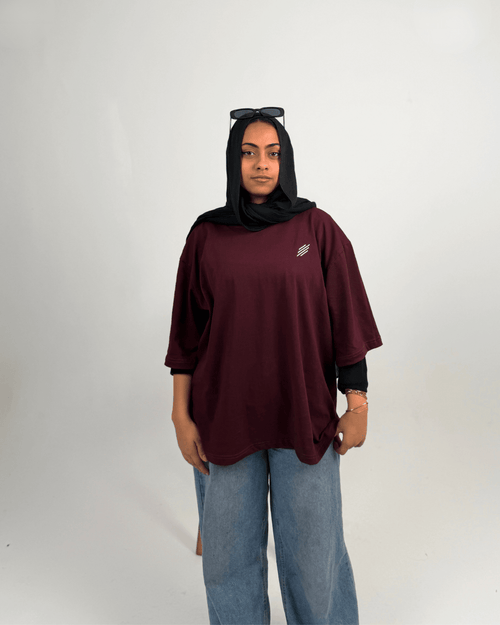 Burgundy Cotton Oversize Crew Neck Tee – Half Sleeve - Parallels